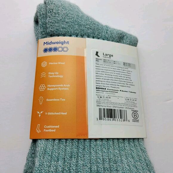 Bombas Merino Wool Blend Midweight Crew Socks Size L (Wo 11-13, Men's 9.5-13) - Picture 4 of 4